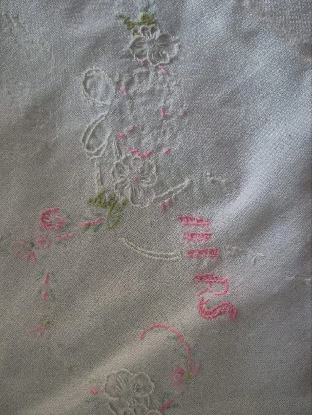 His & Hers White Pillowcase with Delicate Pink & Green Embroidery